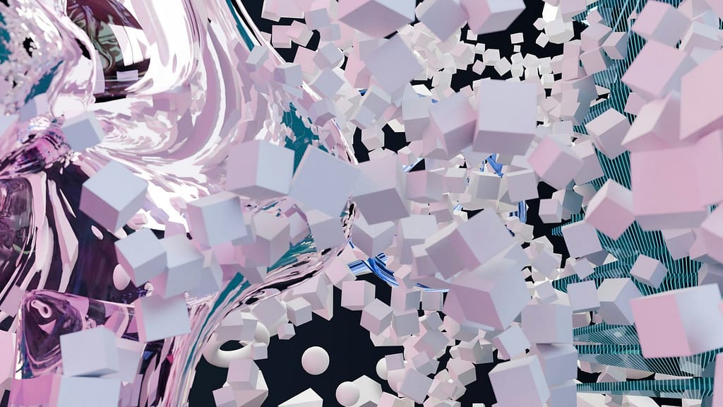 Floating 3D Cubes Over a Shiny Wavy Surface