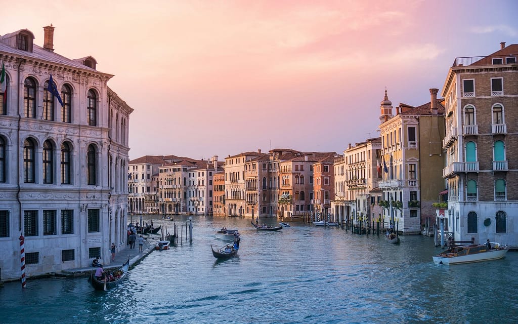 Venice Grand Canal at Golden Hour with Passing Gondolas