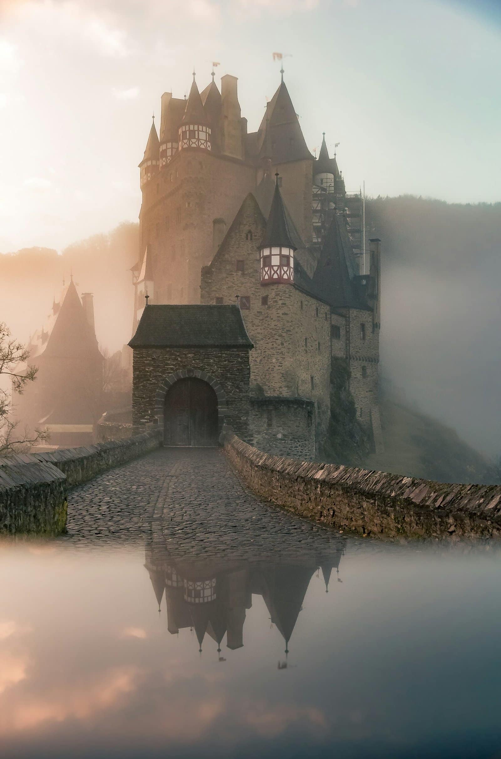 Enchanted Floating Castle Above Pink Clouds at Sunset