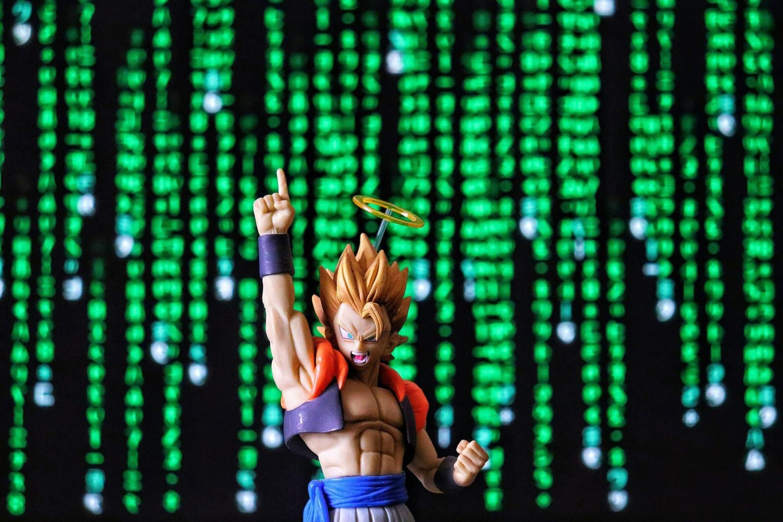 Anime Warrior with Spiky Hair Against a Green Digital Background
