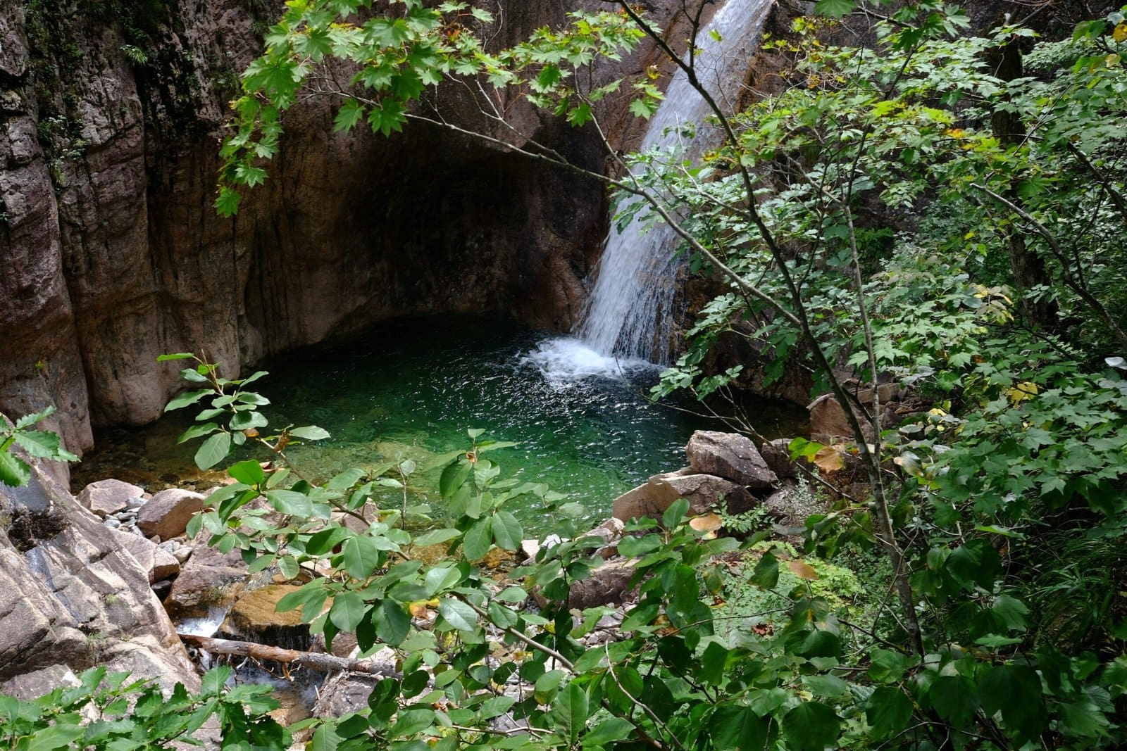 Emerald Waterfall Cascading into a Turquoise Jungle Pool