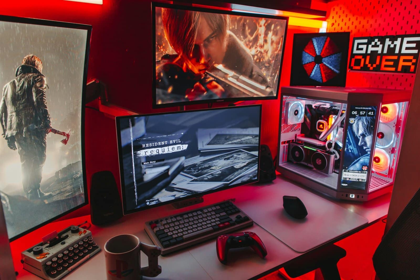 Gaming Setup with RGB Lights and Triple Monitors at Night
