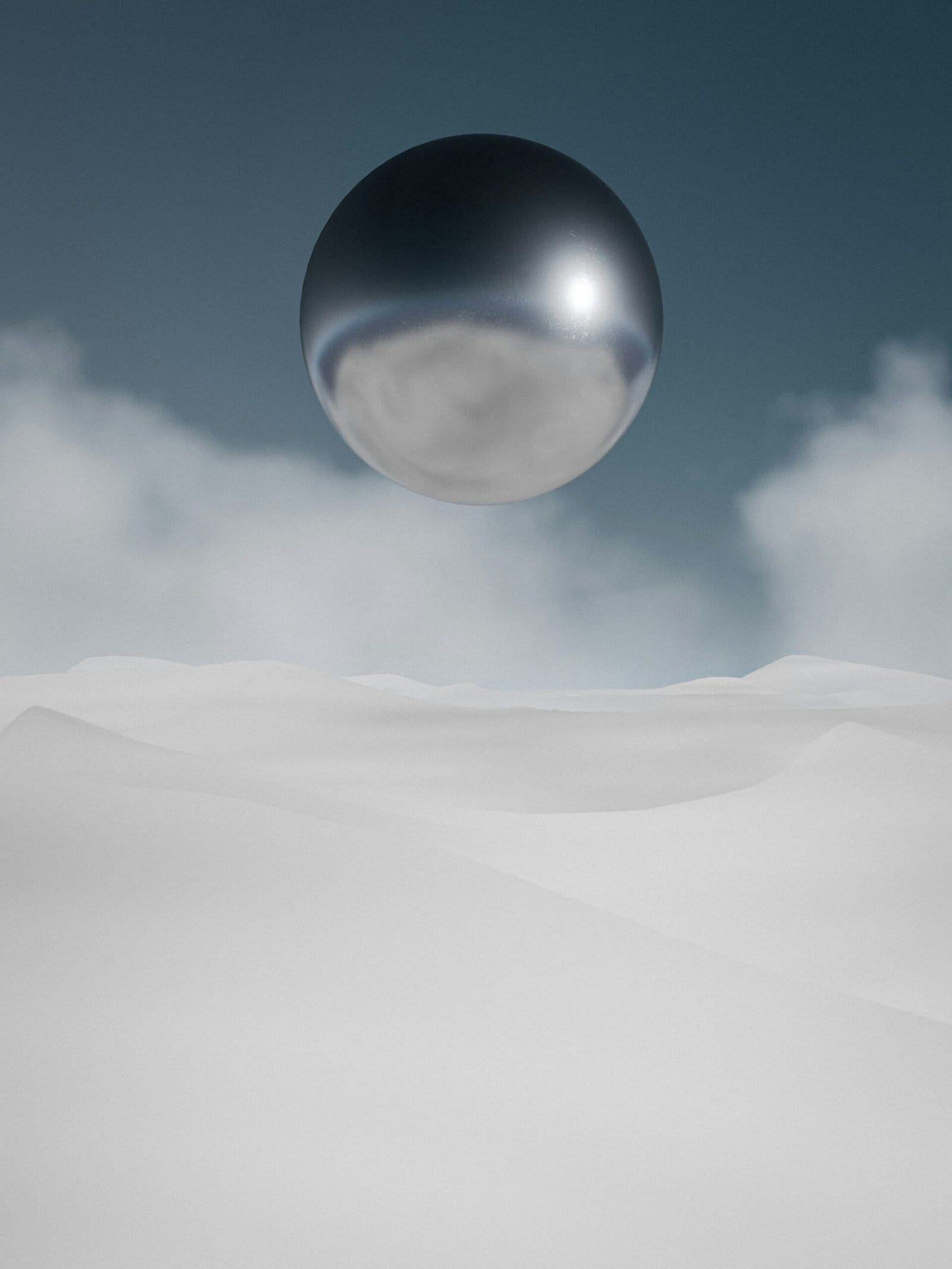 Glossy 3D Chrome Sphere Floating Over Reflective Surface