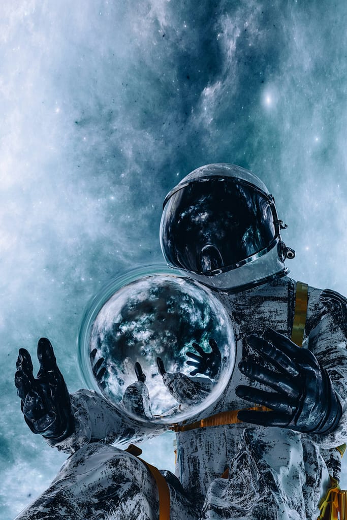 Cute 3D Astronaut Holding a Glowing Orb in a Colorful Nebula