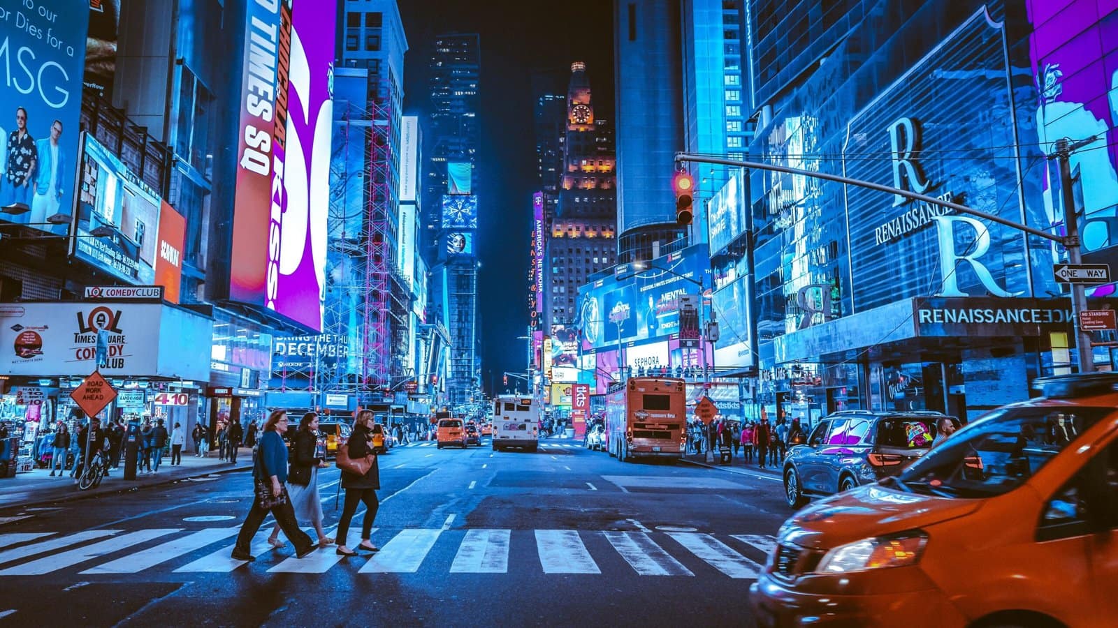 New York Times Square Buzzing with Neon Lights