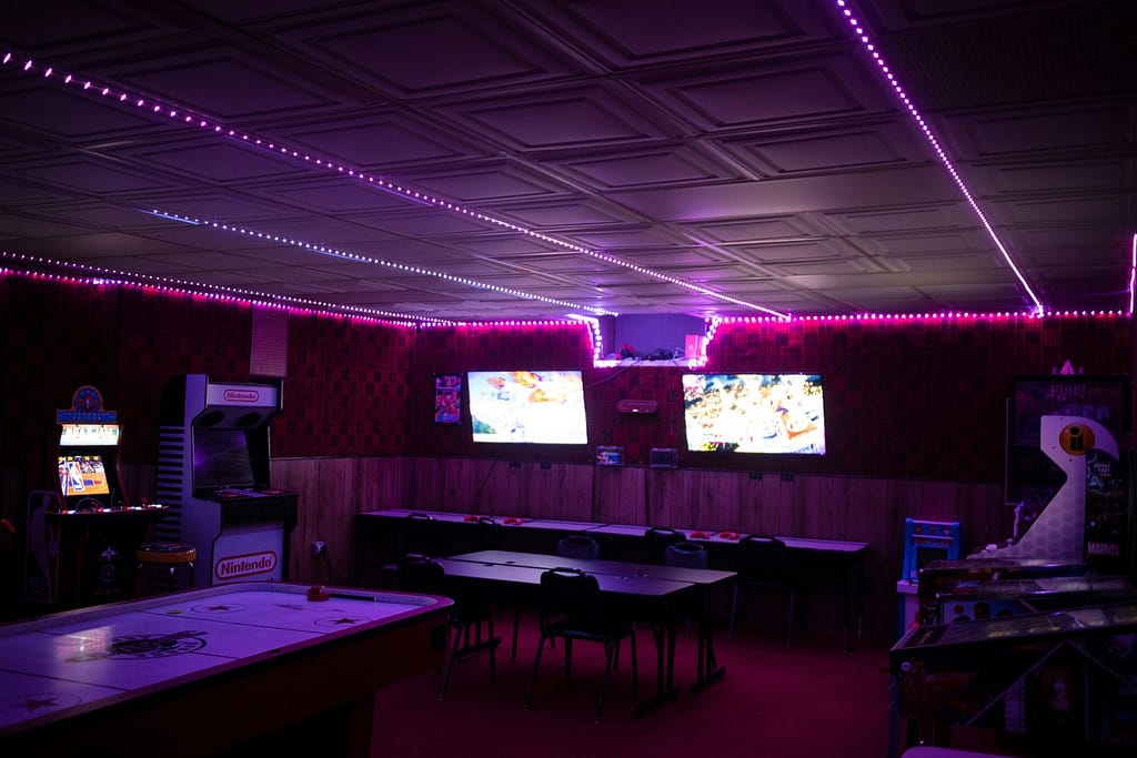 Retro Arcade Room Glowing with Neon Lights