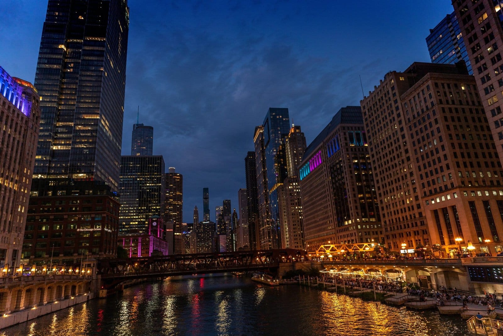 Chicago Riverwalk Lights Reflecting at Night