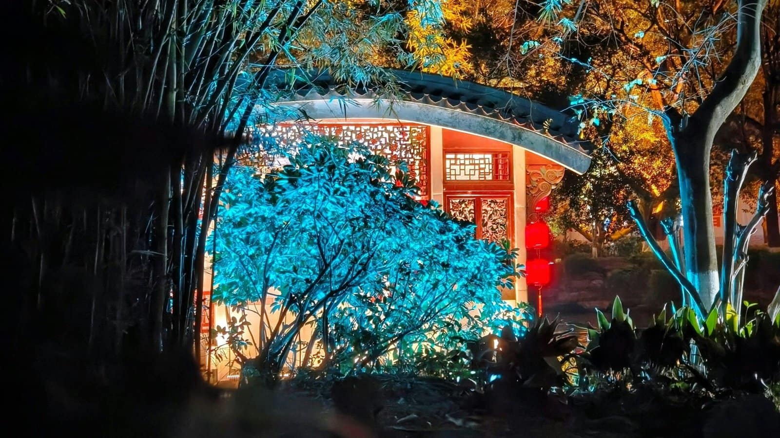 Mystical Forest Temple with Glowing Lanterns