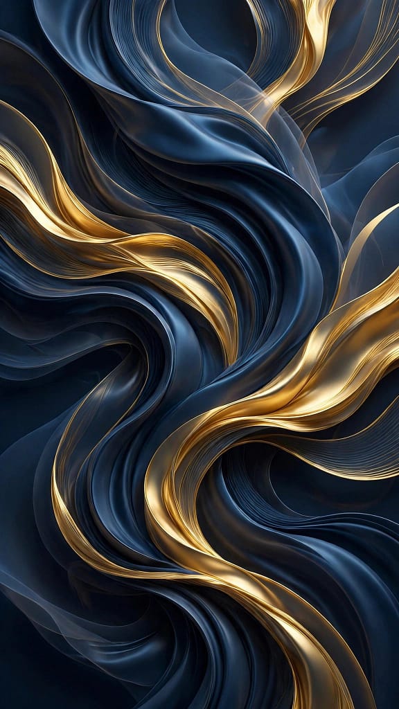 Abstract 3D Waves Render in Dark Blue and Gold