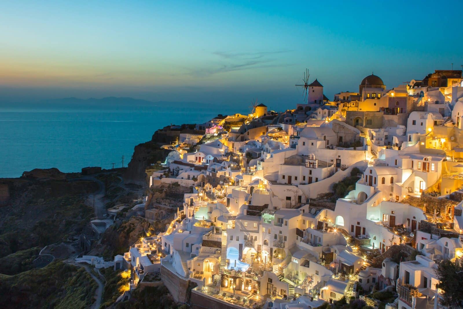Santorini at Dusk with Whitewashed Cliffside Houses