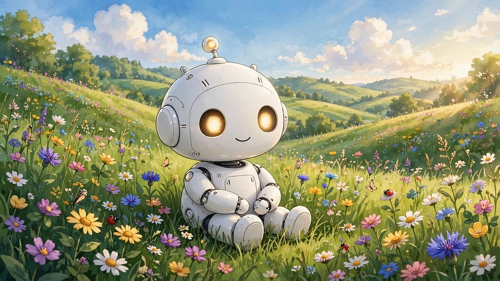 Friendly White Robot Sitting Peacefully in a Sunlit Green Meadow Full of Wildflowers