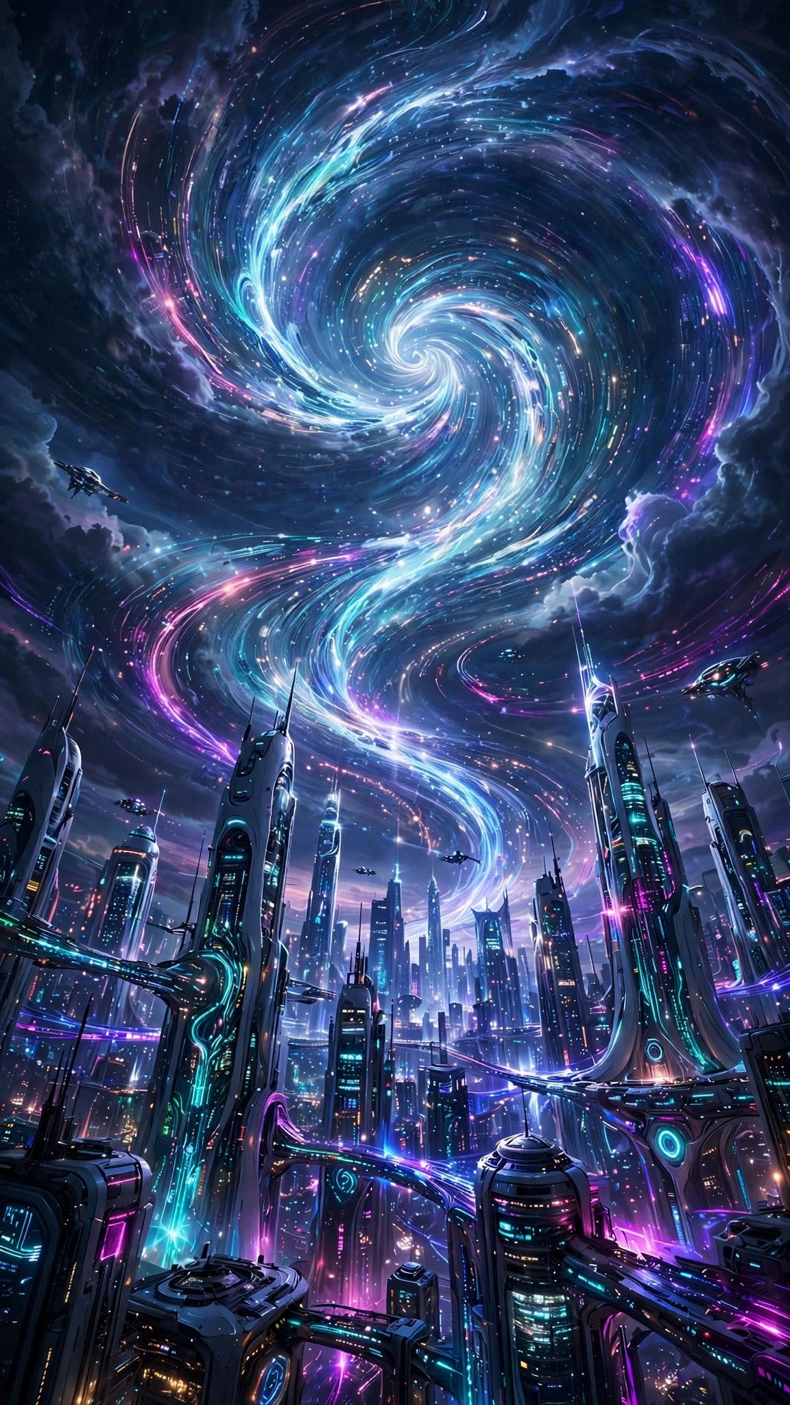 Futuristic AI City of Glowing Towers Spiraling Inside a Swirling Digital Vortex