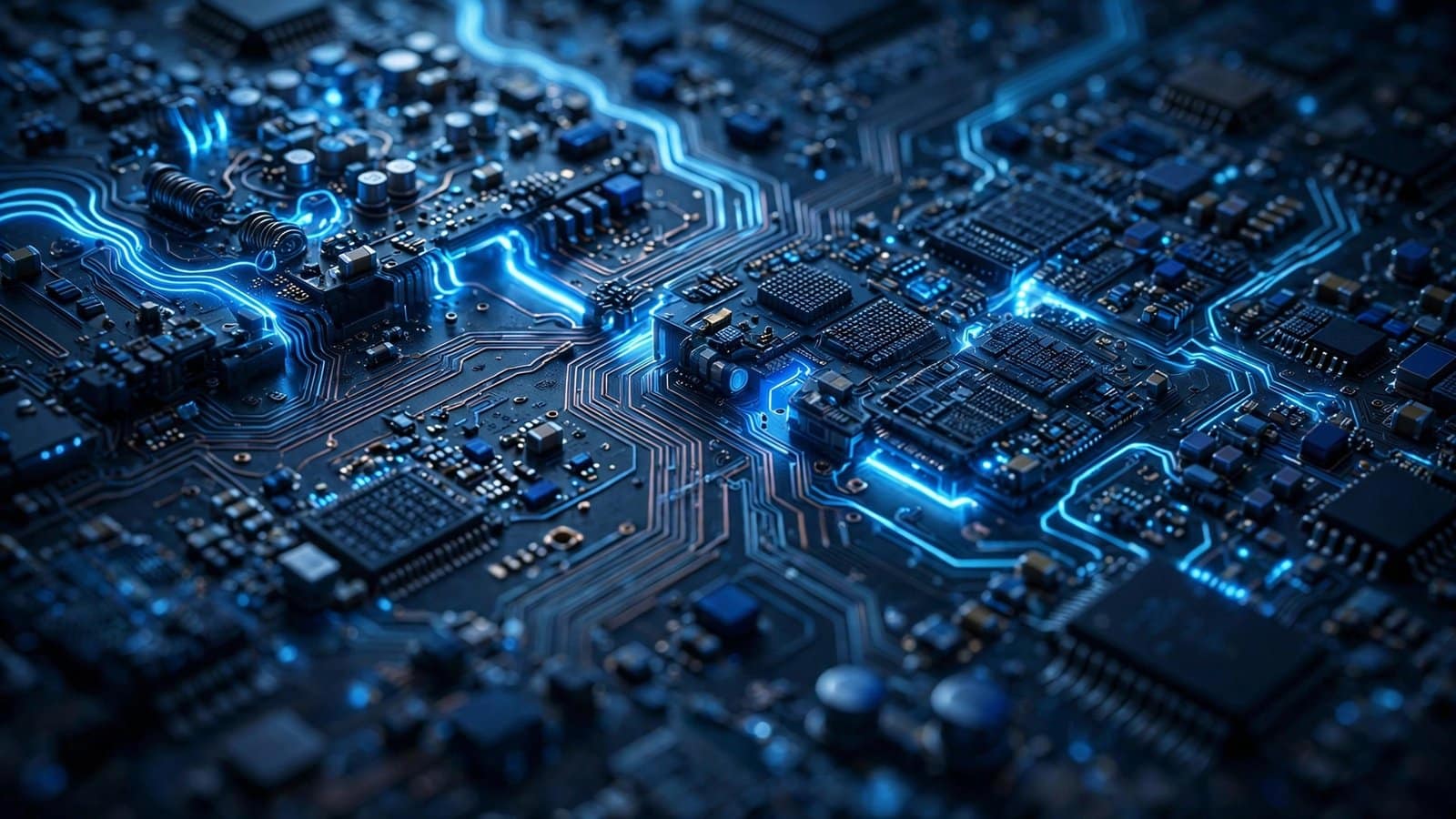 Glowing Blue Circuit Board Macro Close Up