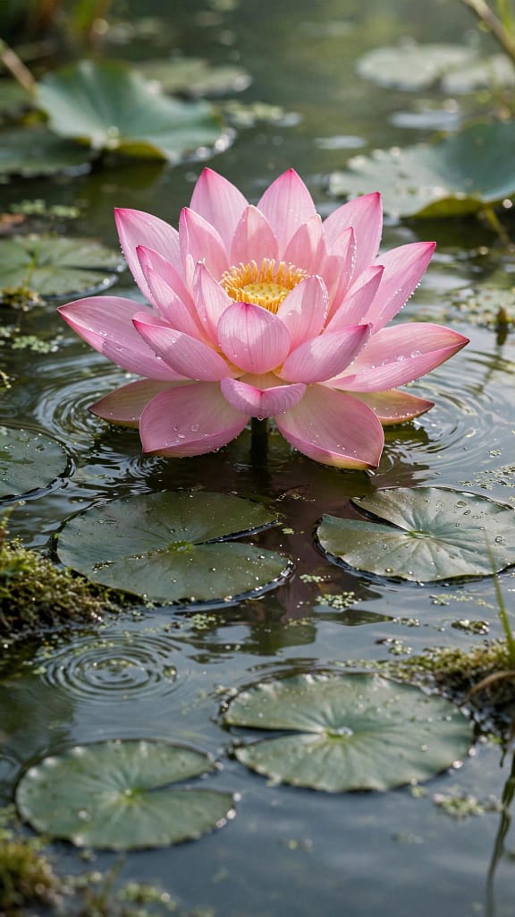 Pink Lotus Flower Floating on a Calm Pond