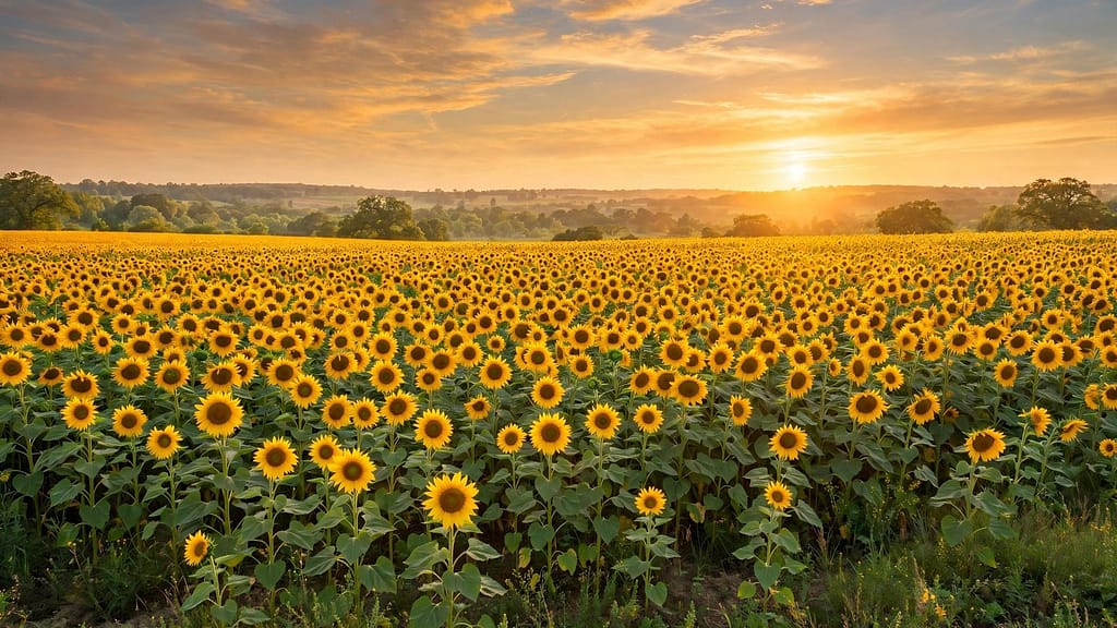 Golden Sunflower Field Under a Warm Sunset Sky