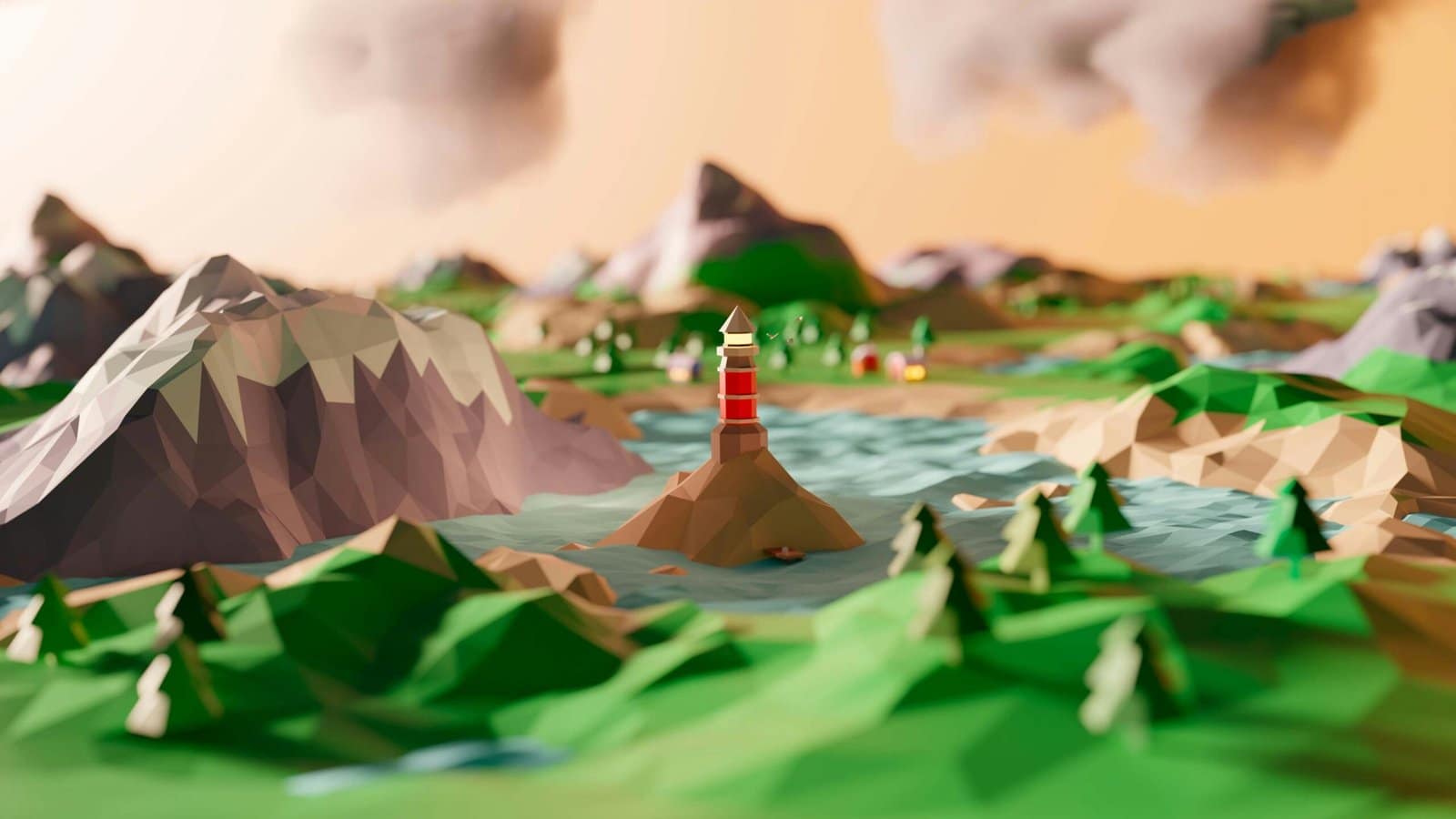 Low Poly Lighthouse Island at Sunset
