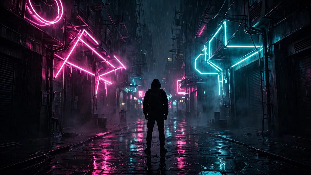 Cyberpunk Character Silhouette Under Neon Signs in a Rainy Alley