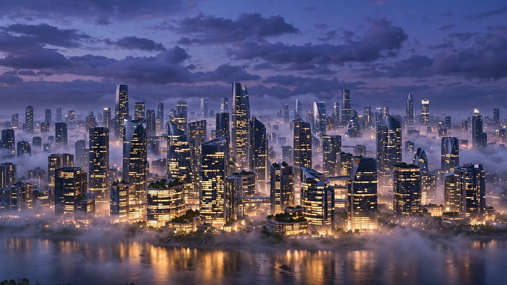 Futuristic City Skyline at Dusk with Warm Golden Window Lights and Twilight Sky
