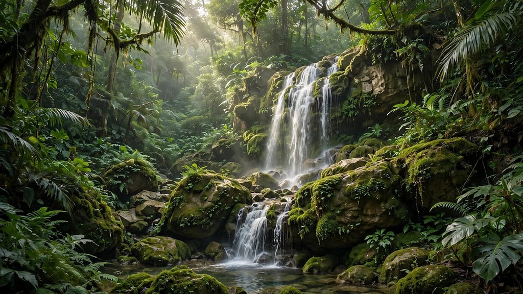 Jungle Waterfall Surrounded by Lush Green Moss