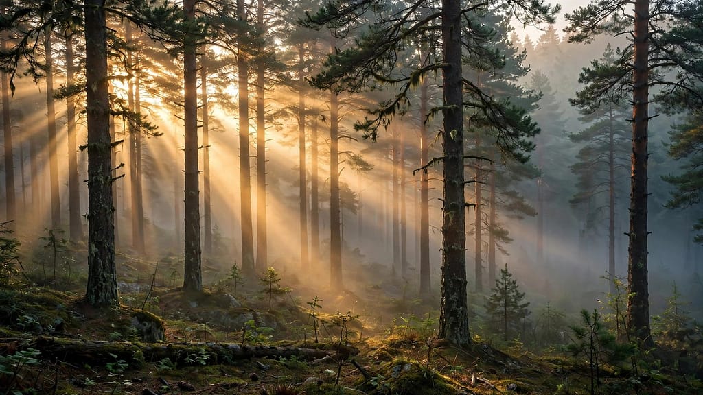 Misty Pine Forest at Sunrise with Golden God Rays