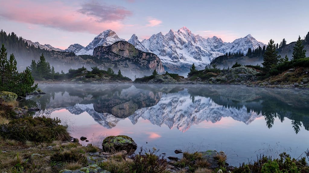 Mountain Lake with Perfect Mirror Reflection at Dawn