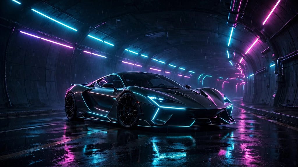 Neon Sports Car in a Dark Tunnel at Night