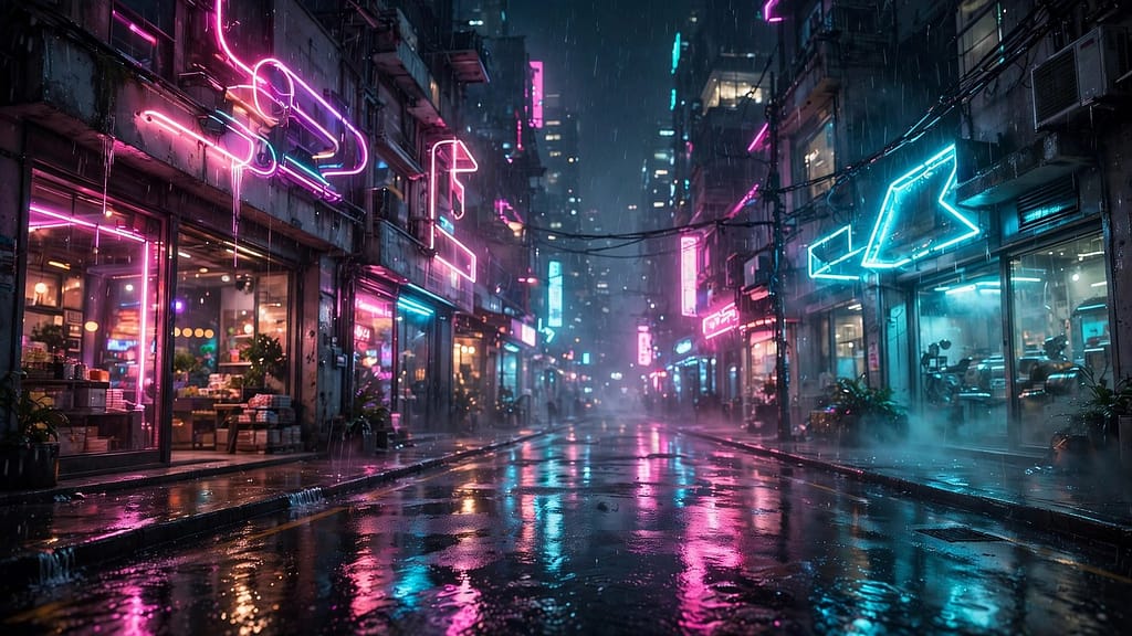 Rainy Neon-Lit City Street at Night with Colorful Reflections on Wet Pavement