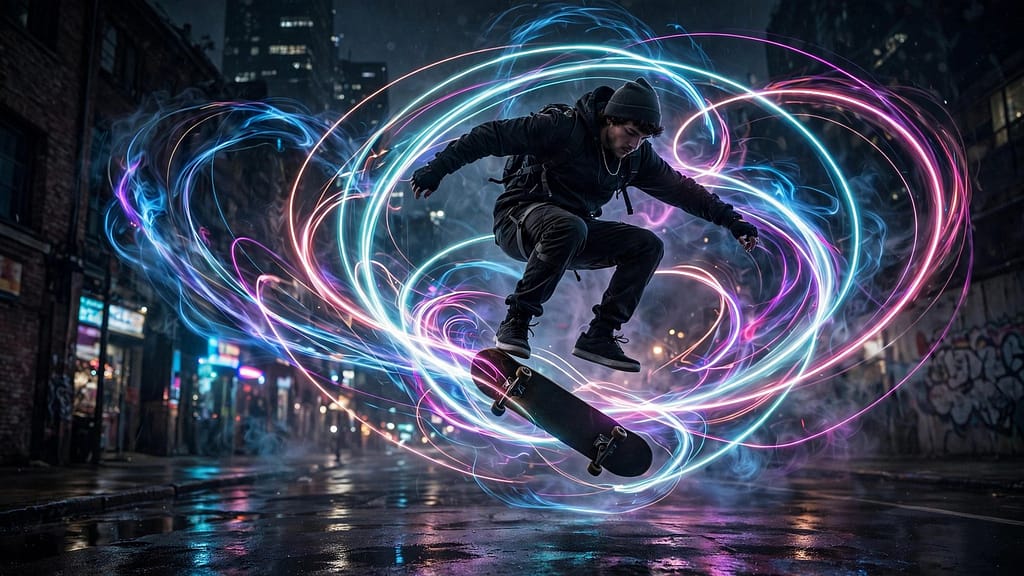 Skateboarder Mid-Air with Neon Light Trails at Night