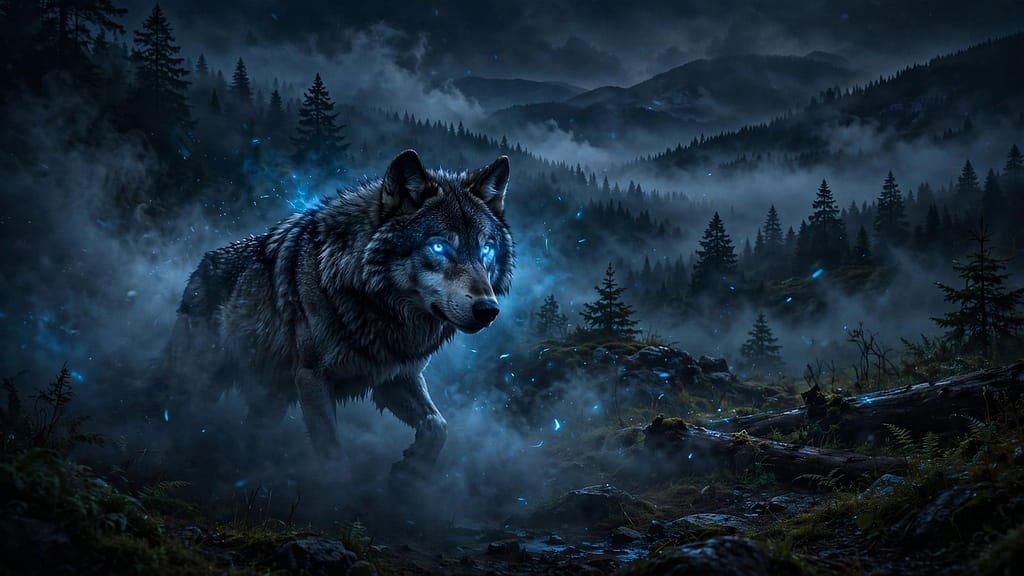 Wolf with Glowing Blue Eyes in Dark Mist