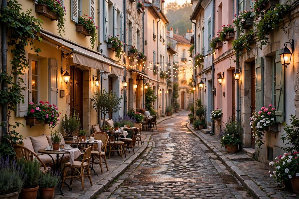 Charming Old European Cobblestone Street with Cozy Cafes and Warm Evening Lantern Light