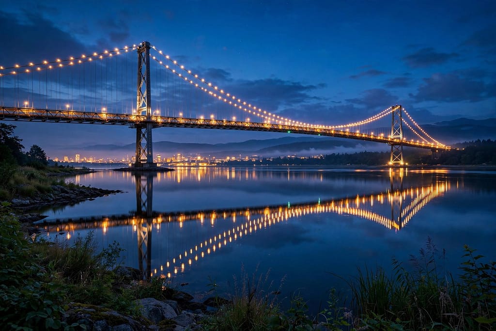 Suspension Bridge Over a River at Blue Hour with Glowing Cable Lights