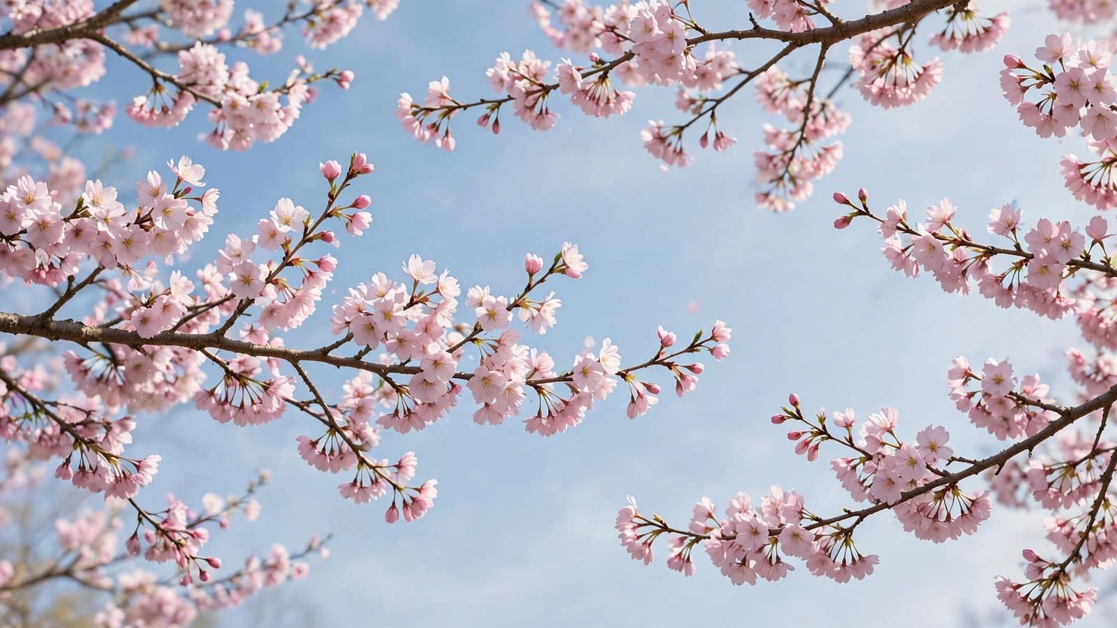 Cherry Blossom Branches Blooming Against a Soft Blue Sky