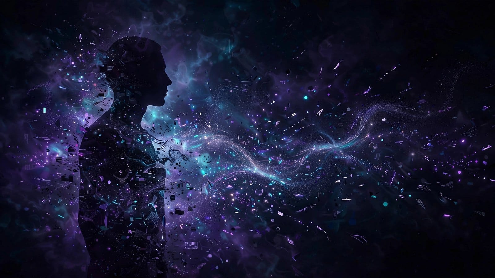 Digital Human Silhouette Gracefully Dissolving into Glowing Particles and Data Fragments