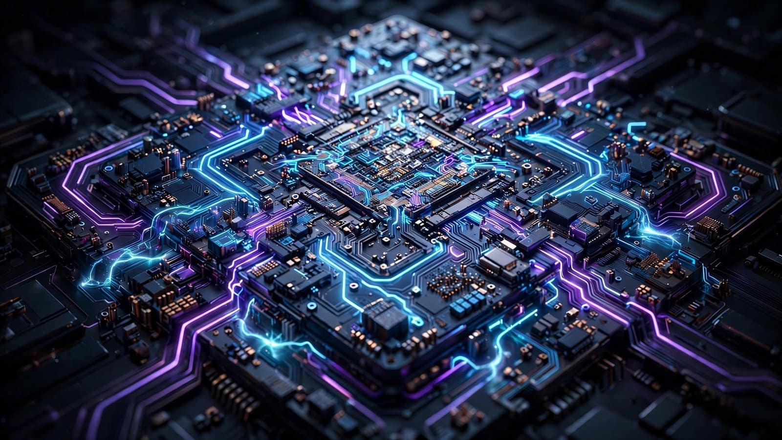 Futuristic Microchip with Neon Circuit Traces