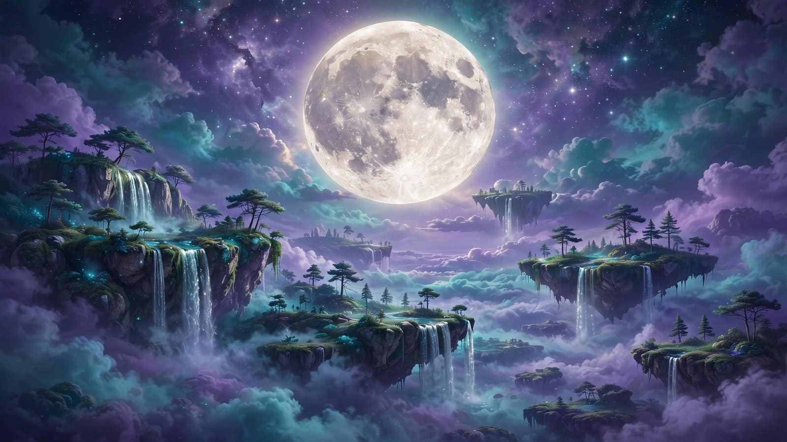 Surreal Dreamscape with a Giant Luminous Moon and Floating Islands in a Twilight Sky