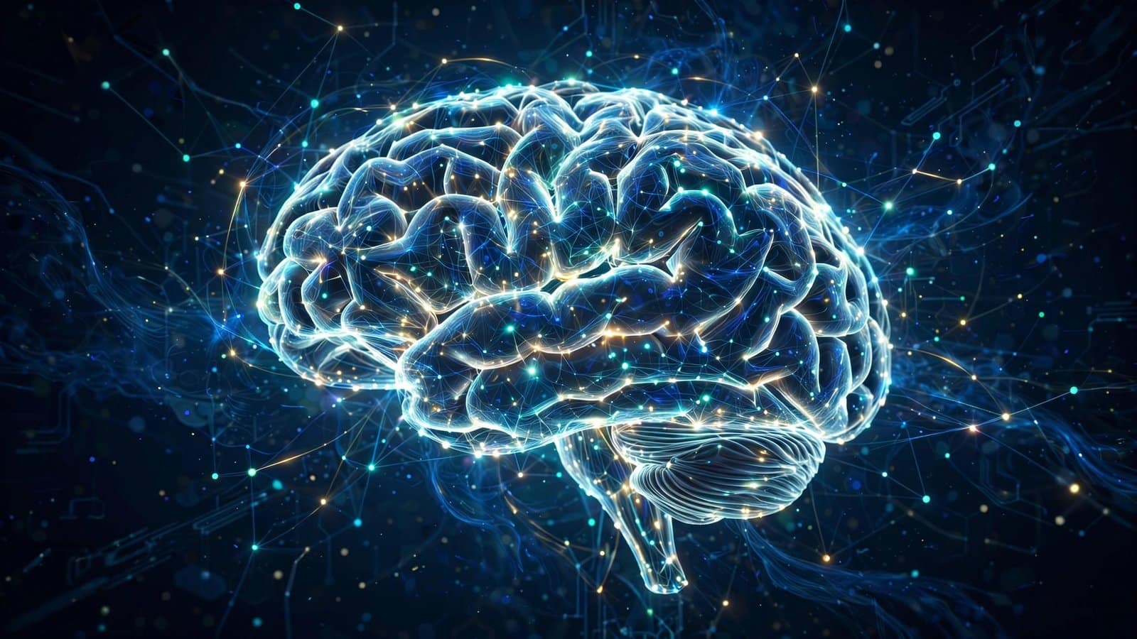 Glowing Neural Network Brain Made of Light Nodes and Energy Filaments in Deep Digital Space