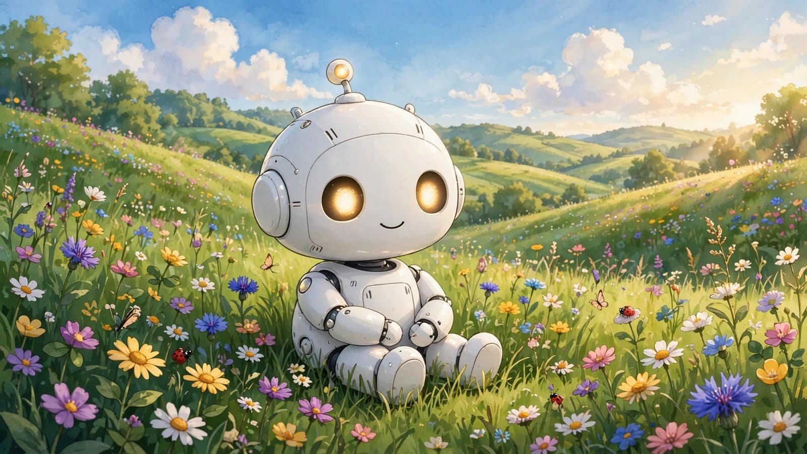 Friendly White Robot Sitting Peacefully in a Sunlit Green Meadow Full of Wildflowers