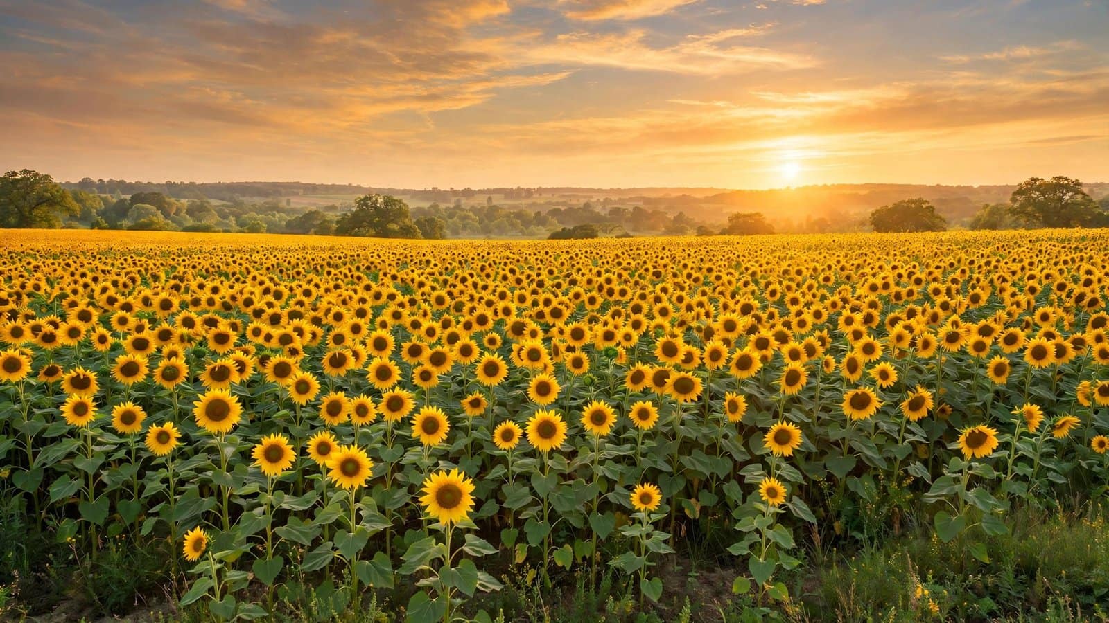 Golden Sunflower Field Under a Warm Sunset Sky