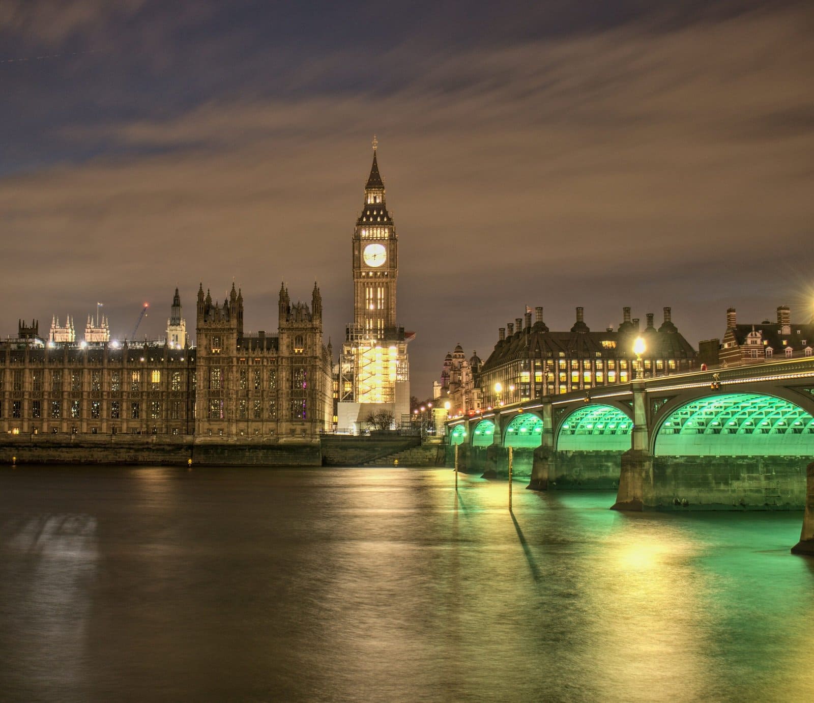 Big Ben and Westminster at Blue Hour with Glowing Street Lamps
