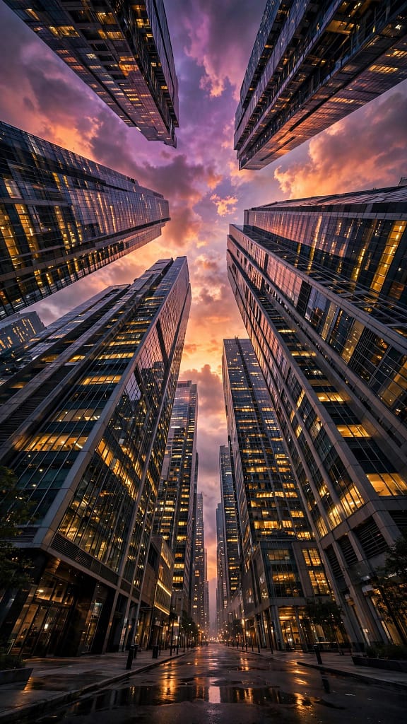 Skyscrapers Looking Straight Up Into a Twilight Sky in a Dramatic City View