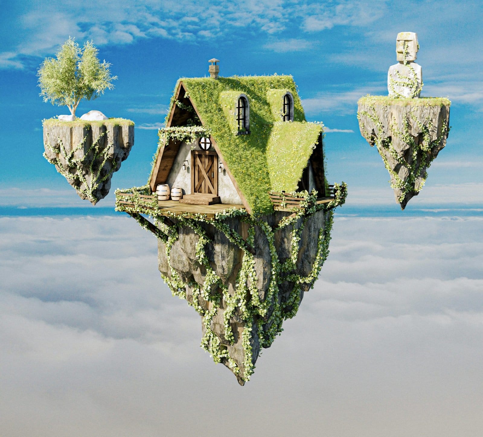 Floating Island Castle in the Sky with Waterfalls