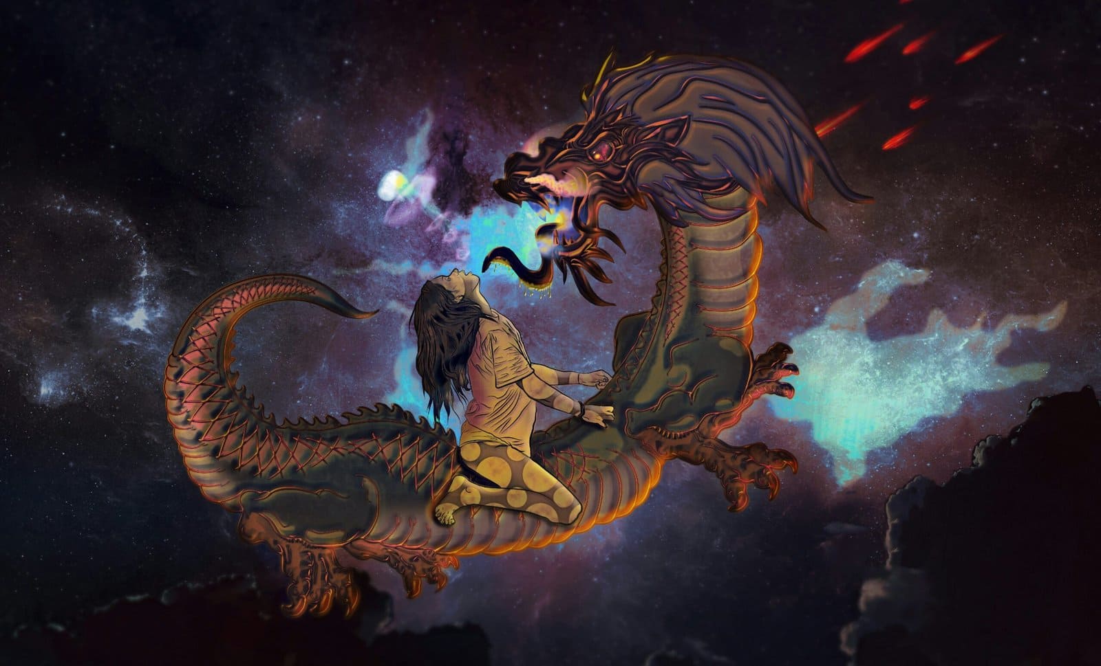 Magical Dragon Flying Over Moonlit Mountain Valley