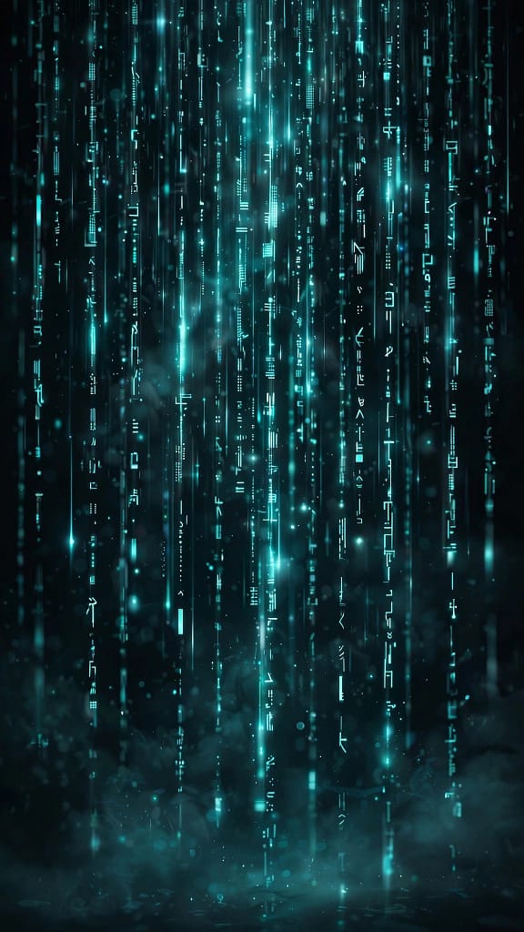 Teal Digital Data Streams Code Rain Mobile Wallpaper