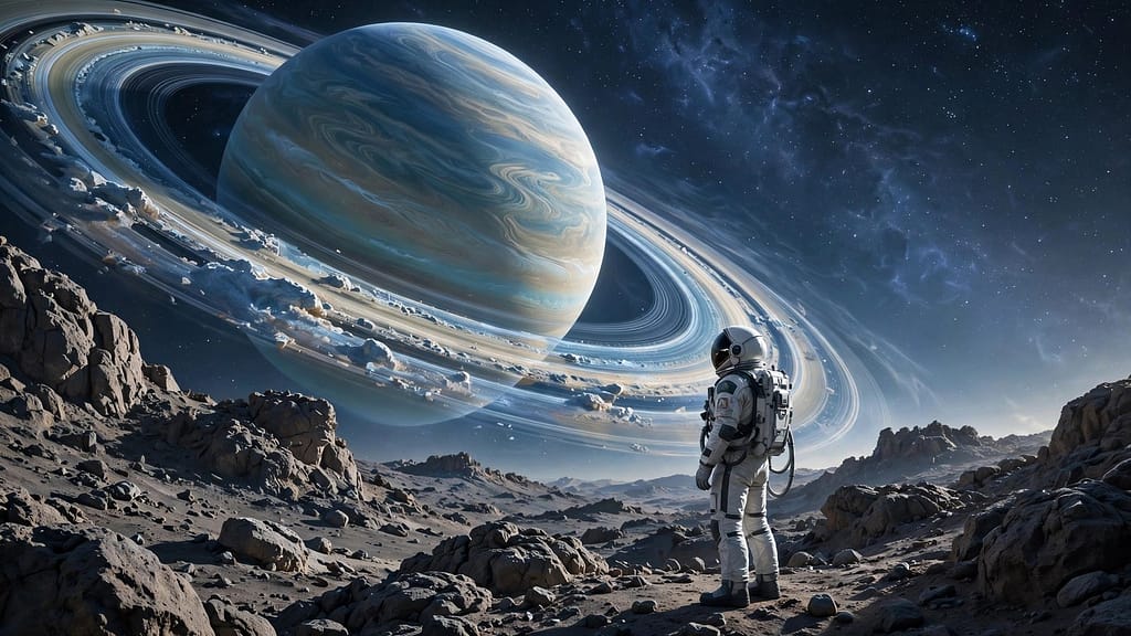 Astronaut Looking at a Giant Ringed Planet in Space