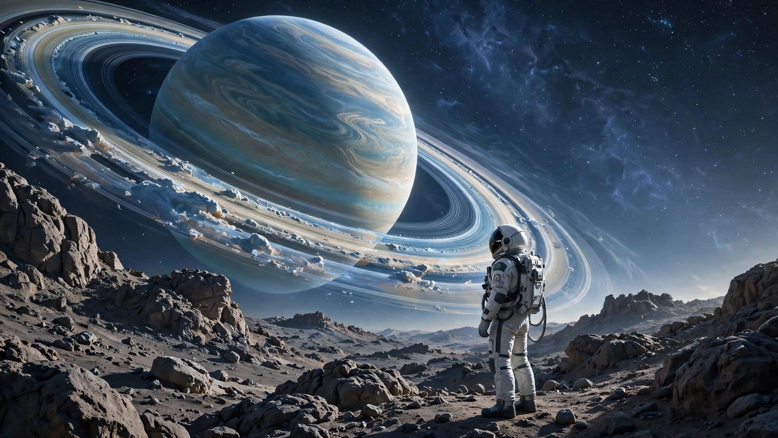 Astronaut Looking at a Giant Ringed Planet in Space