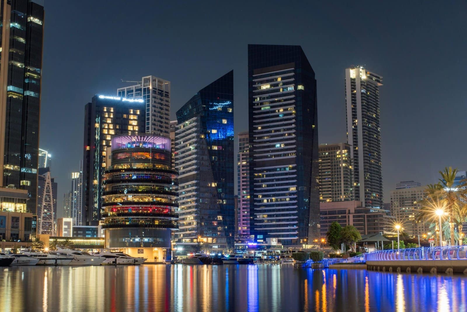 Dubai Marina Skyline at Night with Illuminated Towers
