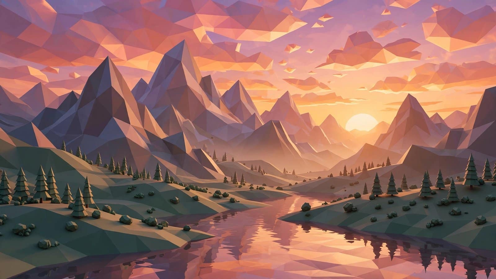 Low Poly Mountain Landscape 3D Render at Sunset