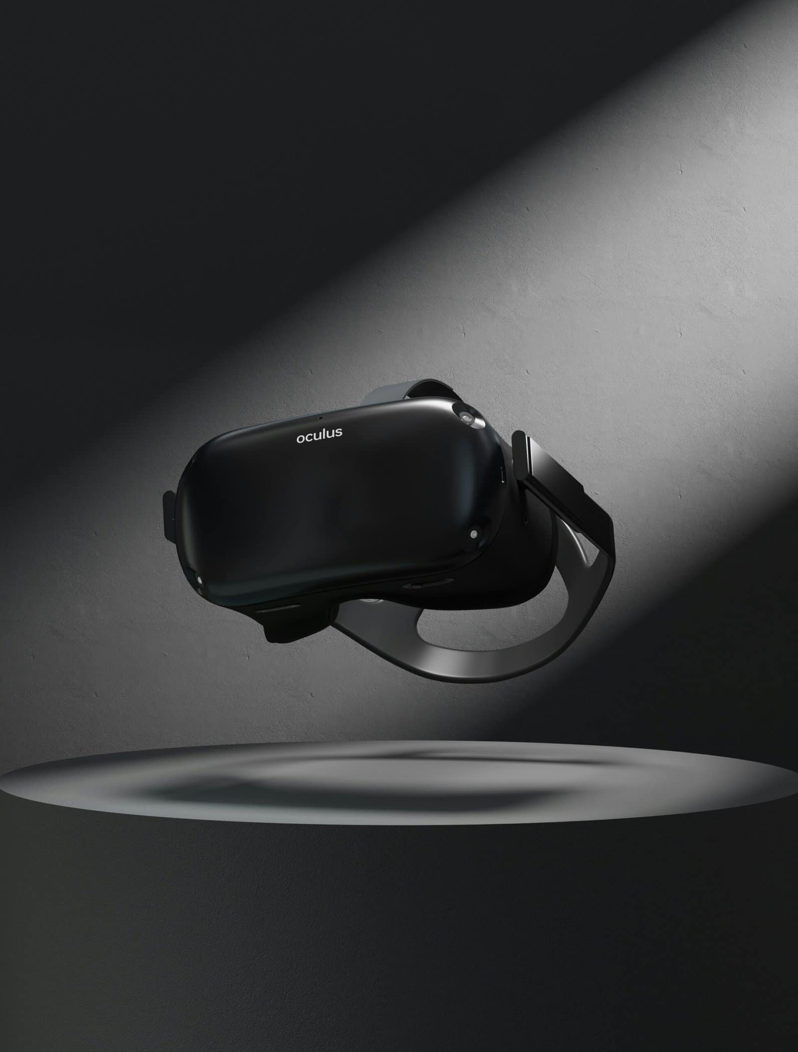 Black VR Headset on a Dark Stage Under a Spotlight