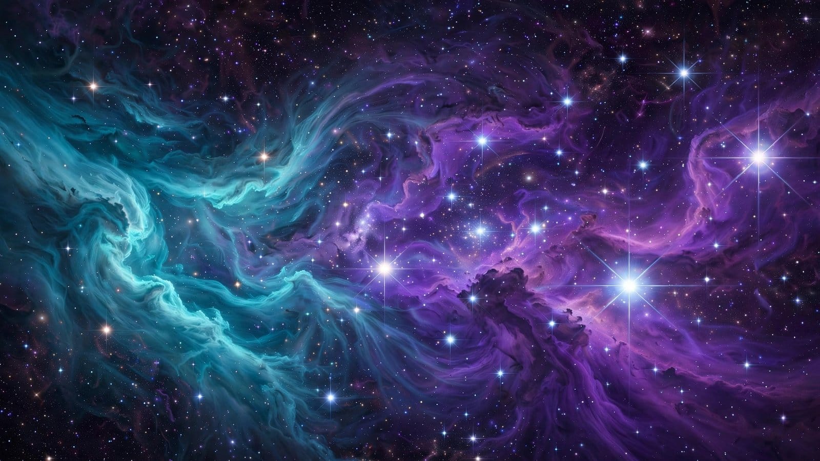 Purple and Teal Nebula With Bright Stars in Deep Space