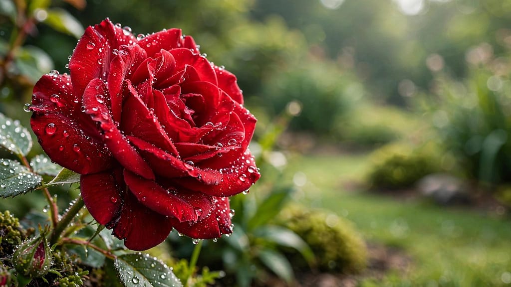 Red Rose Macro with Sparkling Water Drops in a Green Garden